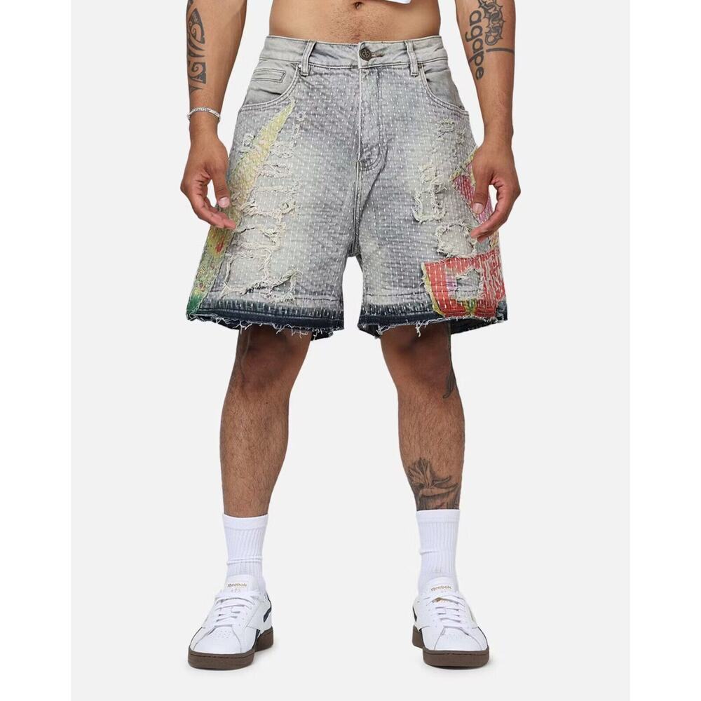 Lifted Anchors Men's Maria Boro Distressed Rip & Repair Patchwork Denim Shorts